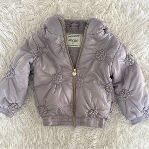 LE CHIC Girls' Hooded Lavender Puffer Jacket Faux Fur Floral Appliqué Size 5T